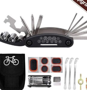 Tagvo Kit de herramientas para bicicleta, 16 en 1 Herramienta multifunción para bicicleta con kit de parche y palancas para neumáticos, Kit de herramientas para reparación de bicicletas